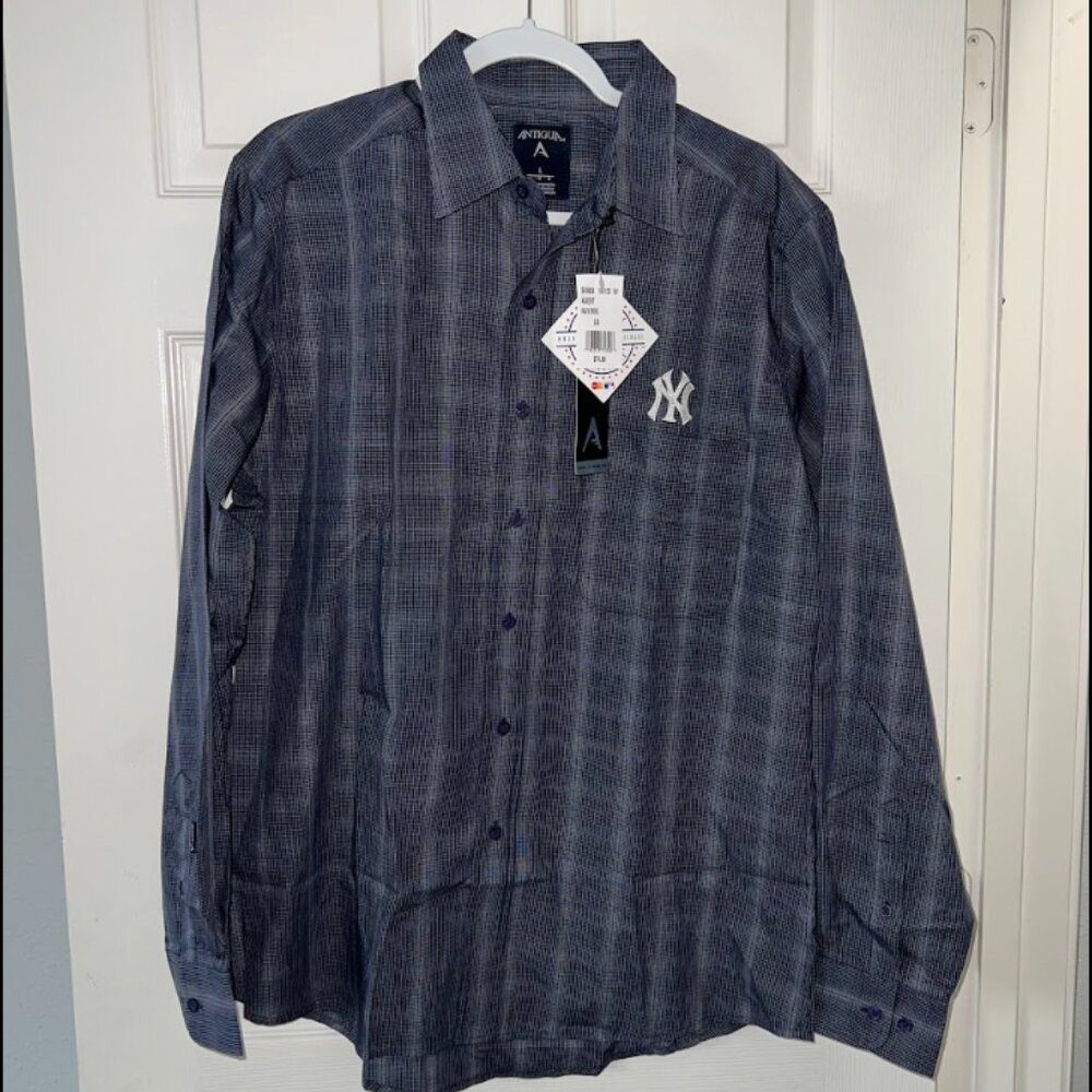 Antigua New York Yankees Mens Button Up Long Sleeve Shirt Navy Plaid Size Large